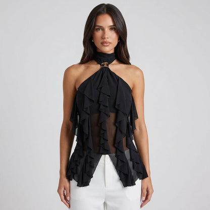 Dame Chiffon Top Med Flæsedetaljer Og Halterneck – Elegant Statement-top Til Fest, Aftenbrug Og Særlige Anledninger