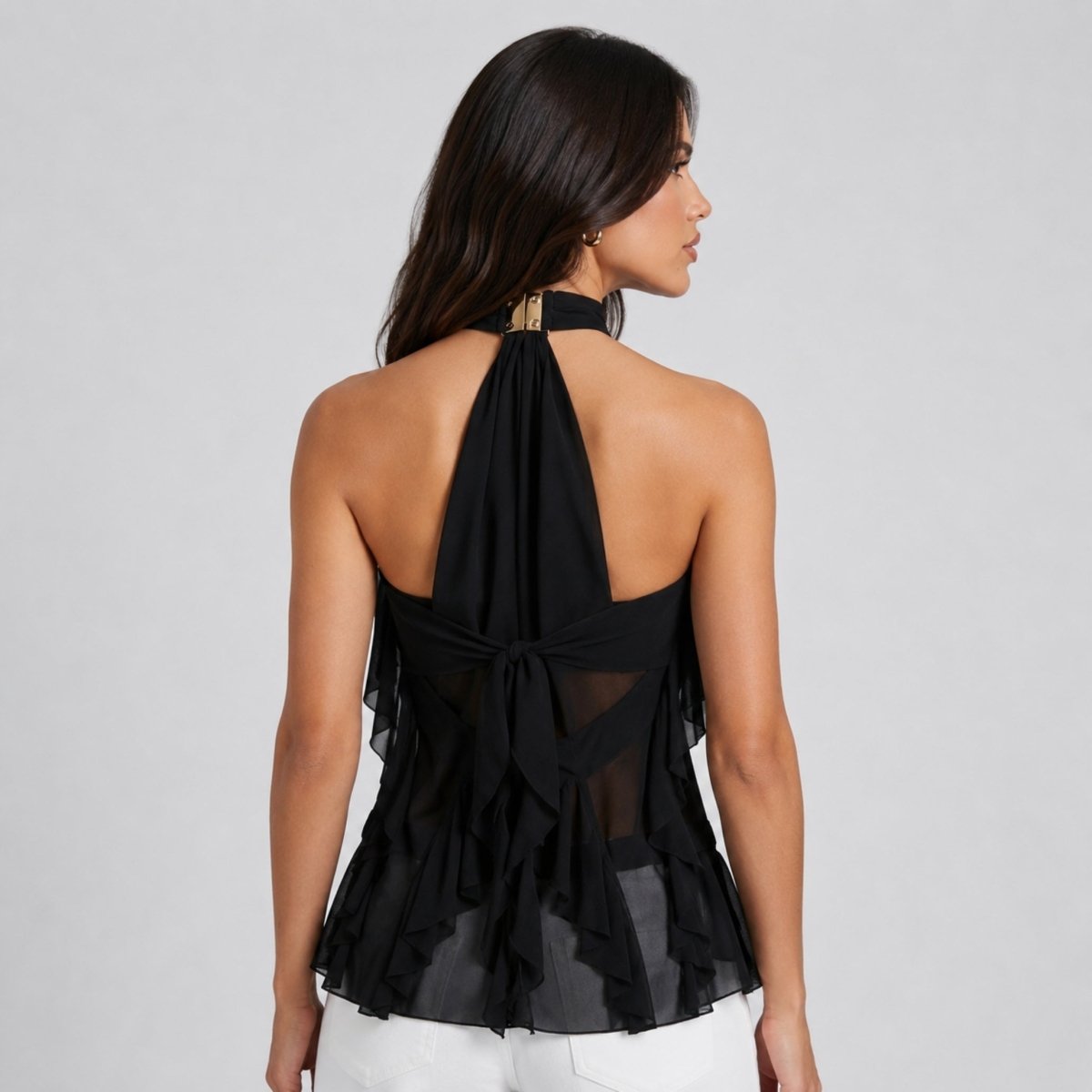 Dame Chiffon Top Med Flæsedetaljer Og Halterneck – Elegant Statement-top Til Fest, Aftenbrug Og Særlige Anledninger