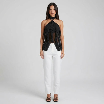 Dame Chiffon Top Med Flæsedetaljer Og Halterneck – Elegant Statement-top Til Fest, Aftenbrug Og Særlige Anledninger