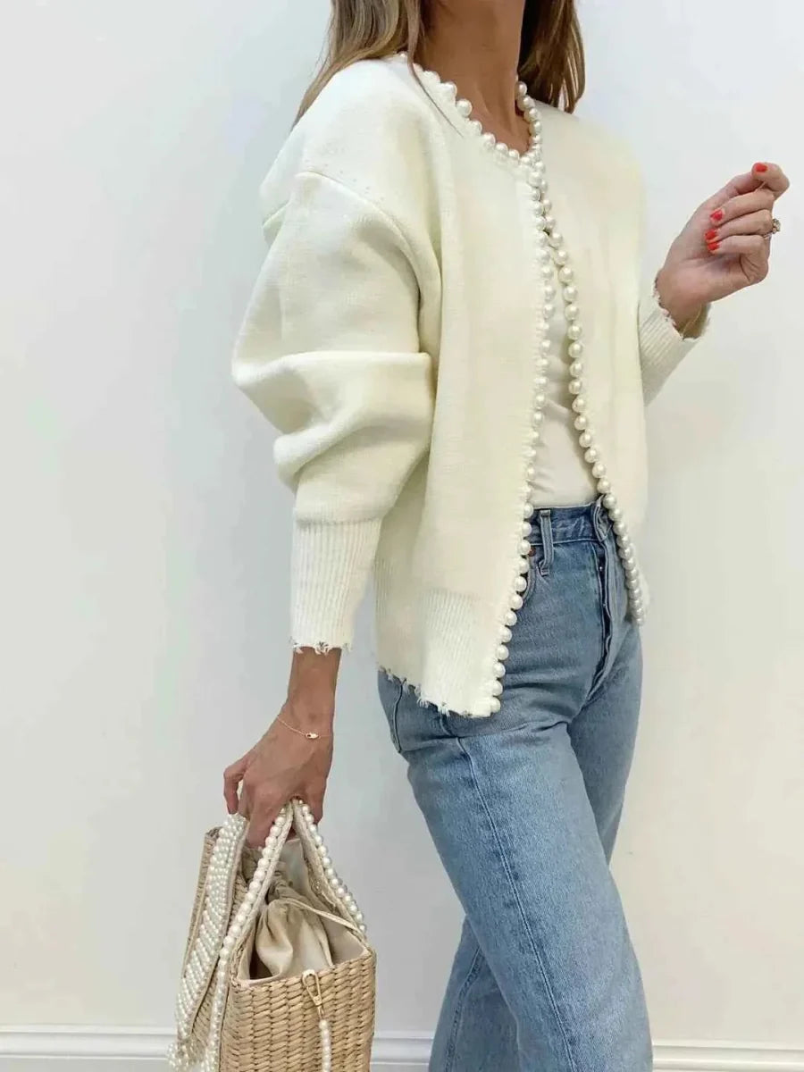 Cardigan tricotat de damă, cu detalii cu perle și margini cu franjuri – Design lejer, fără închidere, pentru ținute elegante de zi cu zi și stilul suprapus
