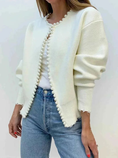 Cardigan tricotat de damă, cu detalii cu perle și margini cu franjuri – Design lejer, fără închidere, pentru ținute elegante de zi cu zi și stilul suprapus
