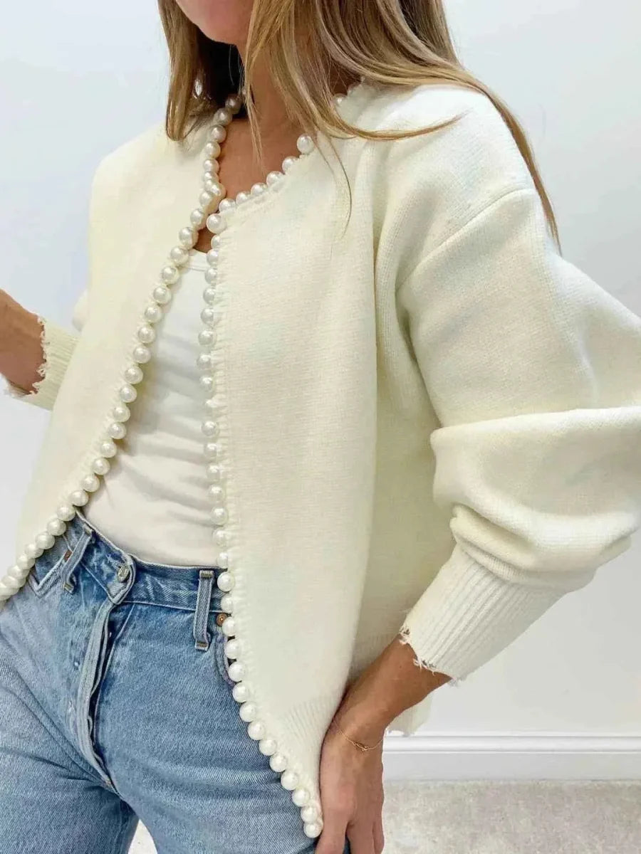 Cardigan tricotat de damă, cu detalii cu perle și margini cu franjuri – Design lejer, fără închidere, pentru ținute elegante de zi cu zi și stilul suprapus