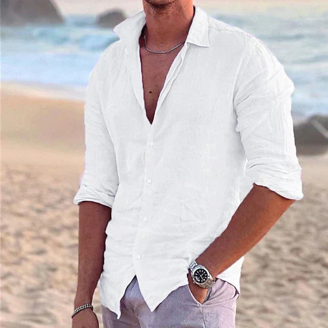 Men's Slim-Fit Summer Shirt with Long Sleeves and Button Closure – Lightweight Shirt for Vacations and Casual Everyday Wear