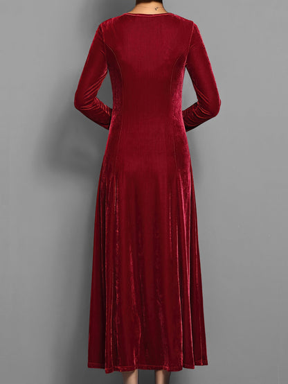 Dámské sametové maxi šaty s dlouhými rukávy a střihem fit-and-flare – elegantní šaty na večírek, svatbu a formální příležitosti