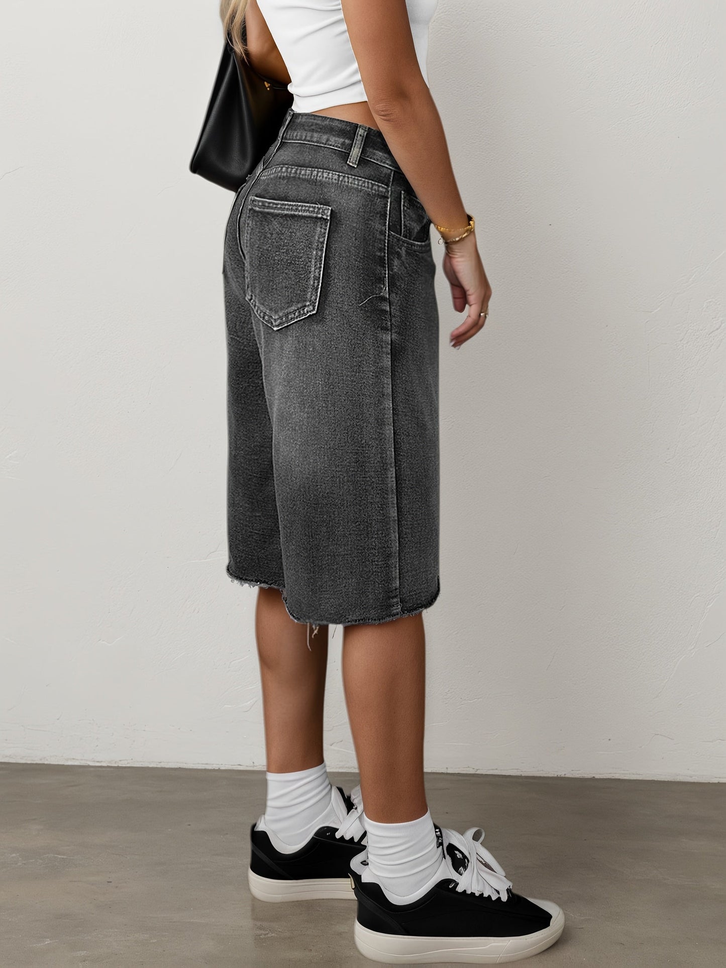 Dame Denimshorts Med Høj Talje Og Brede Ben – Afslappede Knælange Jorts Til Sommer, Ferie, Hverdagsbrug Og Casual Outfits