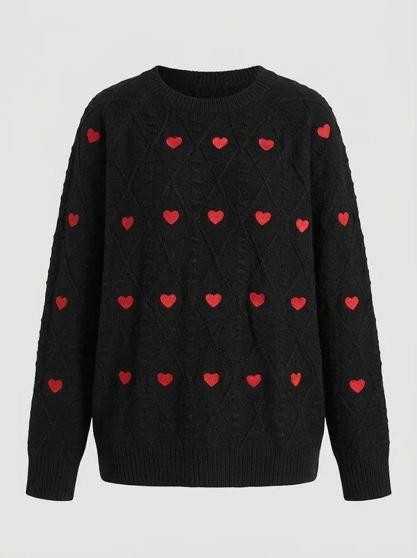 Dame Kabelstrikket Sweater Med Hjertemønster Og Rund Hals – Afslappet Pullover Til Efterår, Vinter, Hverdagsbrug Og Fritid