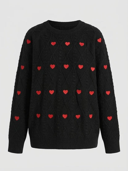 Dame Kabelstrikket Sweater Med Hjertemønster Og Rund Hals – Afslappet Pullover Til Efterår, Vinter, Hverdagsbrug Og Fritid
