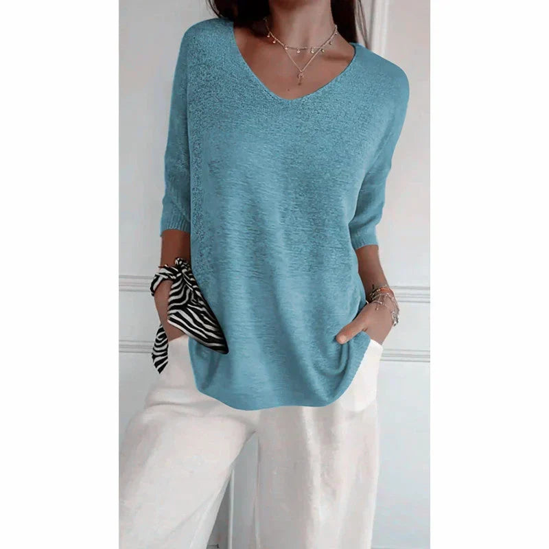 Women's Loose-Fit V-Neck Knit Top – Lightweight and Long Knitwear for Everyday Wear, Leisure and Smart Casual Style