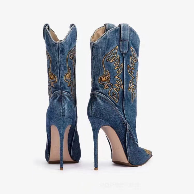 Dame Westernstøvler I Denim Med Broderier Og Spids Tå – Cowboy-støvler Med Høj Stilettohæl Til Fester Og Markante Outfits