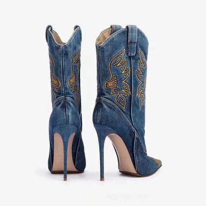 Dame Westernstøvler I Denim Med Broderier Og Spids Tå – Cowboy-støvler Med Høj Stilettohæl Til Fester Og Markante Outfits