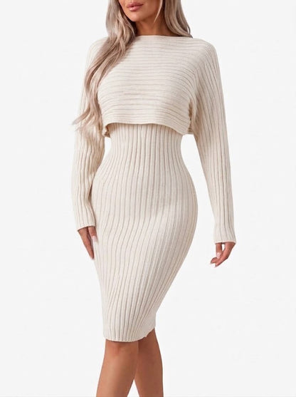 Conjunto de falda midi de 2 piezas de punto acanalado para mujer con top corto de manga larga y falda entallada - elegante conjunto para el trabajo, la ciudad y un estilo smart casual