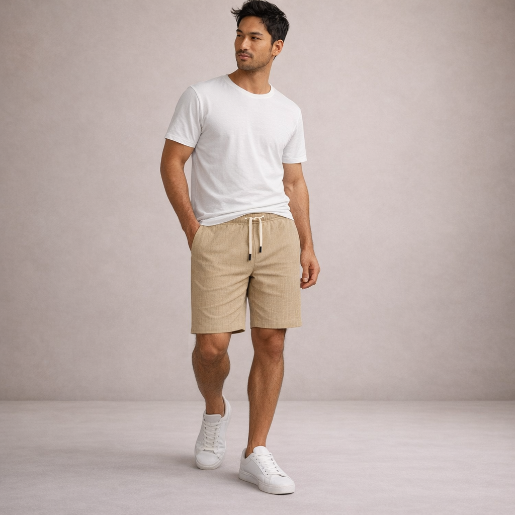 Herre Hørshorts Med Snøretalje Og Print – Afslappede Sommershorts Til Ferie, Strand, Fritid Og Hverdagsbrug