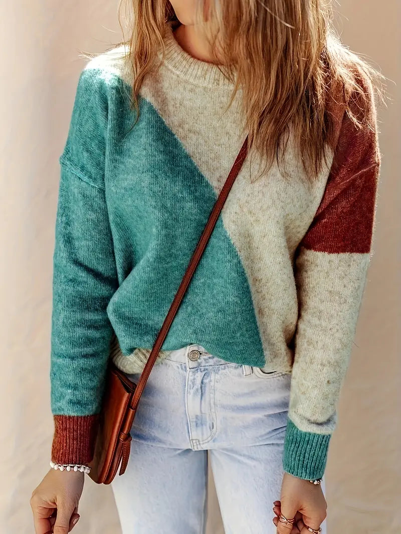 Women's Color-Block Crew-Neck Long-Sleeve Sweater – Relaxed Sweater for Fall, Winter, and Comfortable Everyday Wear