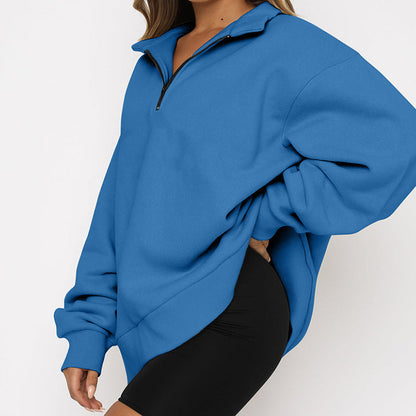 Dame Oversized Half-zip Sweatshirt Med Krave Og Lange Ærmer – Afslappet Pullover Til Hverdagsbrug, Fritid Og Lag-på-lag Styling