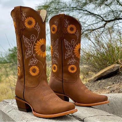 Dame Westernstøvler I Læder – Printet Model Med Spids Tå Til Festivaler Og Country-Arrangementer