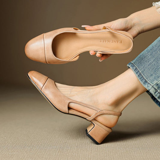 Dame Slingback Pumps i Læder – Polstrede Sko med Blokhæl til Arbejde og Aftenbrug