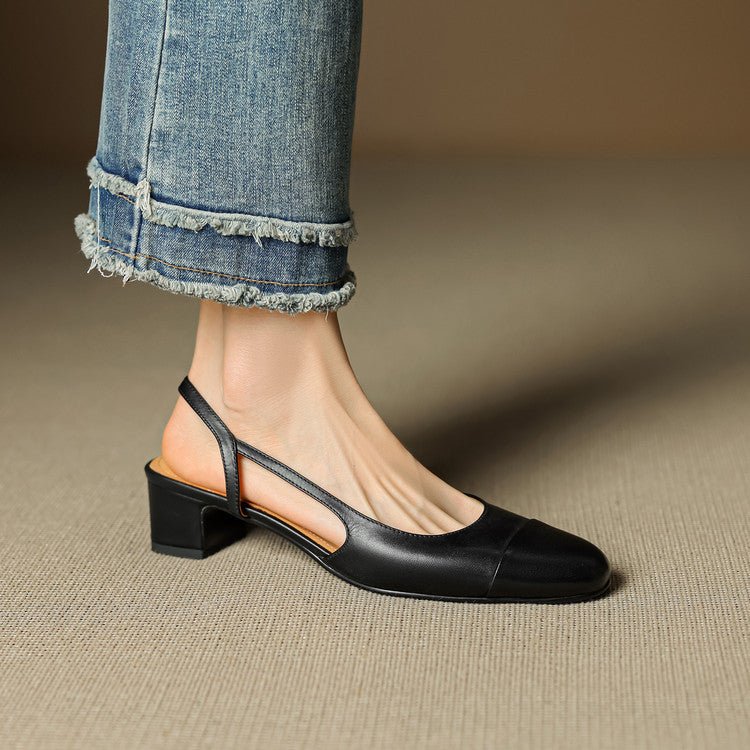 Dame Slingback Pumps i Læder – Polstrede Sko med Blokhæl til Arbejde og Aftenbrug