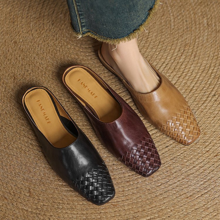 Mules de mujer con puntera cuadrada y diseño de cuero trenzado – Zapatos sin cordones para oficina, verano, vacaciones y estilo smart casual