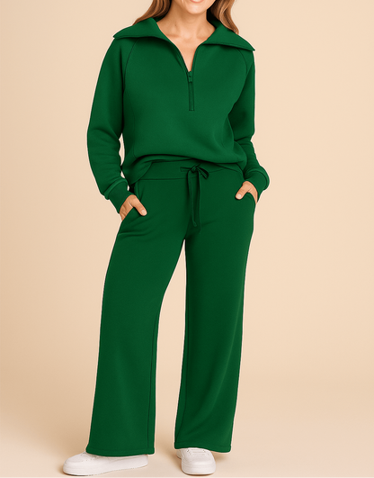 Dame Todelt Loungesæt Med Half-zip Pullover Og Bukser Med Vide Ben – Komfortabelt Sæt Med Lange Ærmer Og Snøre Til Rejser, Afslapning Og Hverdagsbrug
