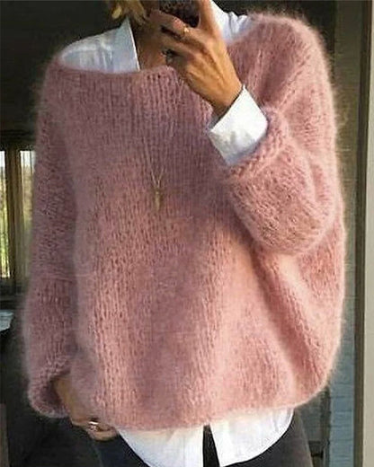 Women's Off-Shoulder Knitted Sweater with Soft, Fluffy Texture – Relaxed Sweater for Autumn, Winter, Everyday Wear, and Smart Casual Style