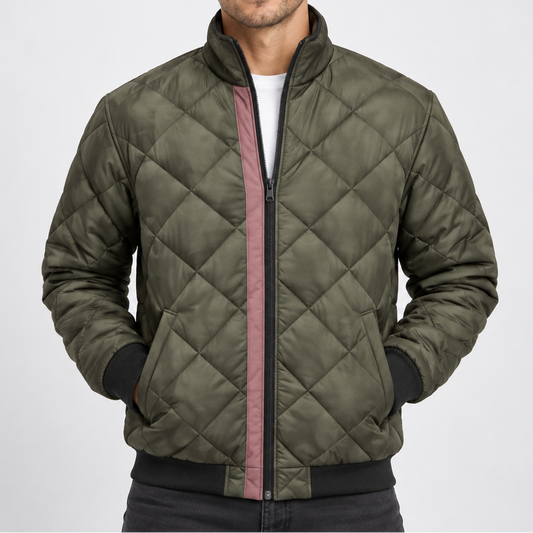 Chaqueta bomber acolchada para hombre con costuras en forma de rombos y cuello alto – Chaqueta con estilo para otoño, invierno y el día a día informal
