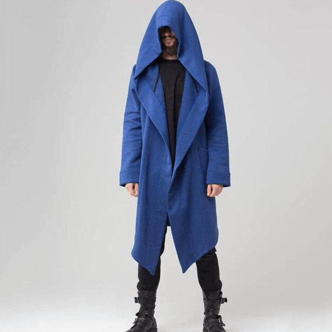 Pánský oversized trenčkot s kapucí a výraznými klopami – dlouhý splývavý kabát na podzim, zimu, pro každodenní nošení i v moderním stylu