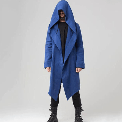 Pánský oversized trenčkot s kapucí a výraznými klopami – dlouhý splývavý kabát na podzim, zimu, pro každodenní nošení i v moderním stylu