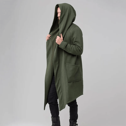 Pánský oversized trenčkot s kapucí a výraznými klopami – dlouhý splývavý kabát na podzim, zimu, pro každodenní nošení i v moderním stylu