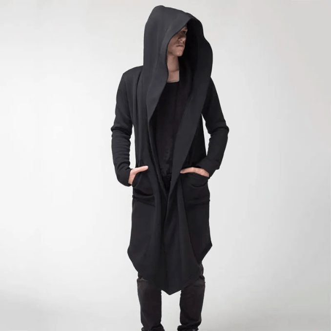 Pánský oversized trenčkot s kapucí a výraznými klopami – dlouhý splývavý kabát na podzim, zimu, pro každodenní nošení i v moderním stylu