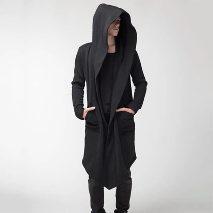 Pánský oversized trenčkot s kapucí a výraznými klopami – dlouhý splývavý kabát na podzim, zimu, pro každodenní nošení i v moderním stylu