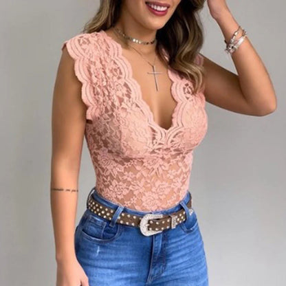 Dámské krajkové body bez rukávů s výstřihem do V a slim střihem – elegantní top na večírky, každodenní nošení a v elegantním ležérním stylu