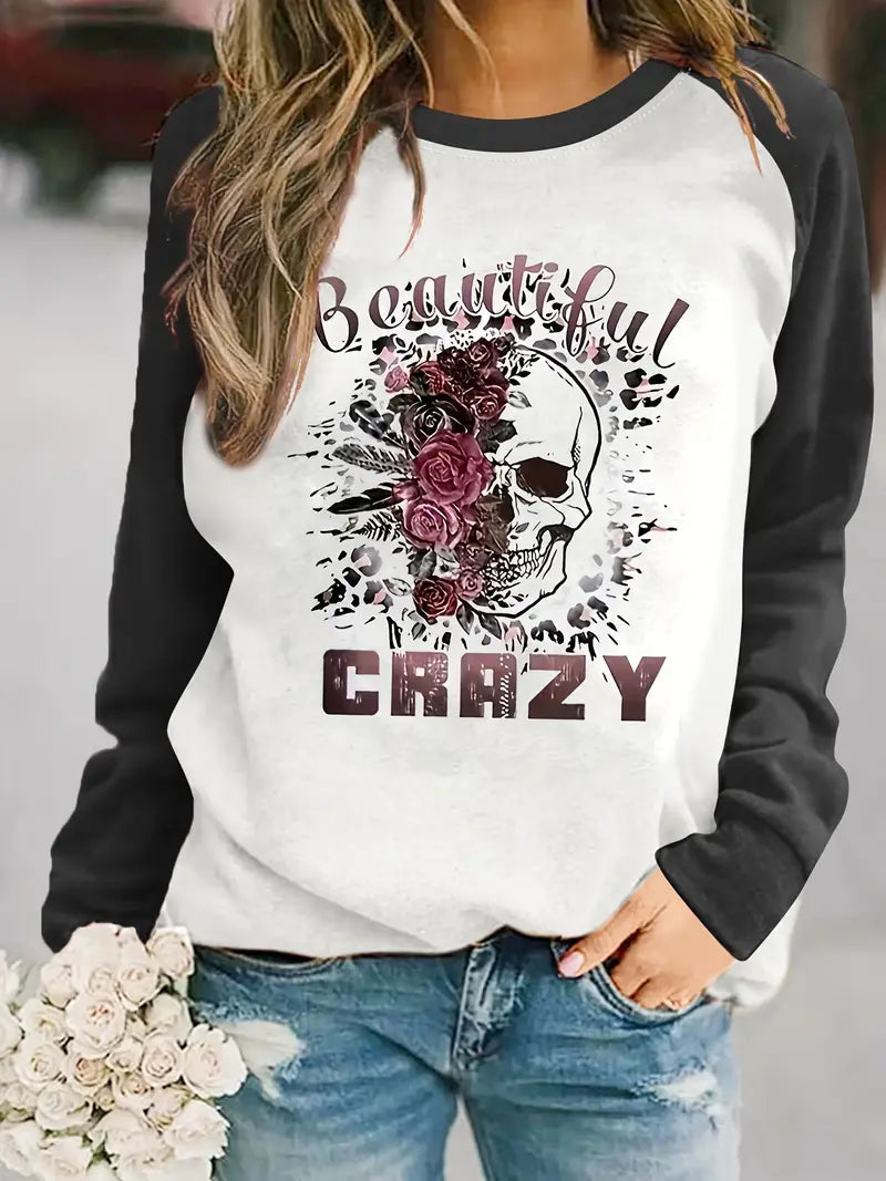Women's Printed Sweatshirt with Crew Neck and Long Sleeves - Casual Top for Fall, Winter, Everyday Wear, and Modern Streetwear Looks