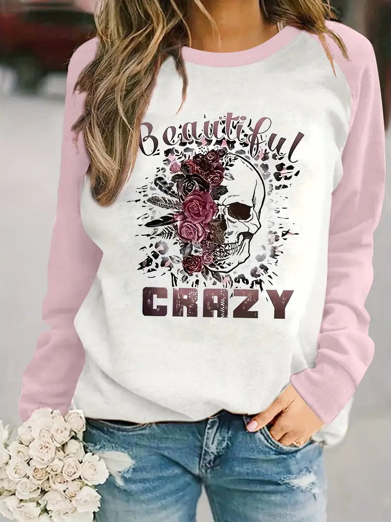 Women's Printed Sweatshirt with Crew Neck and Long Sleeves - Casual Top for Fall, Winter, Everyday Wear, and Modern Streetwear Looks