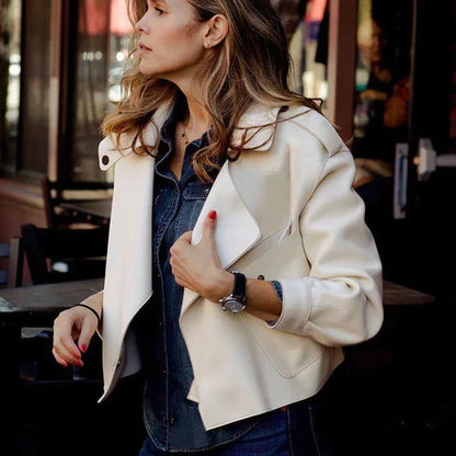 Dámská kožená bunda se širokým klopovým límcem – retro výrazná bunda ve stylu streetwear, na večer a ve stylu smart casual