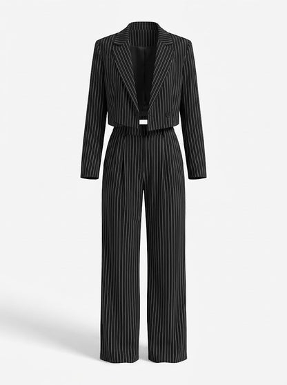 Traje de pantalón de 2 piezas de raya diplomática para mujer con blazer corto y pantalón de pierna ancha - elegante conjunto para el trabajo, la oficina y un estilo smart casual