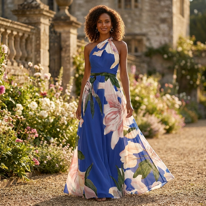 Dame Maxi Kjole Med Print Halterneck Og Asymmetrisk Design