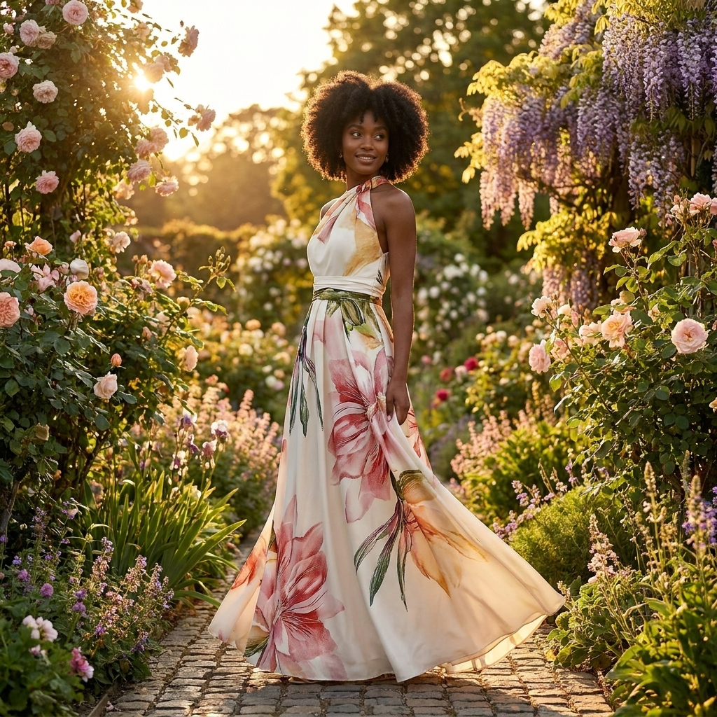 Dame Maxi Kjole Med Print Halterneck Og Asymmetrisk Design