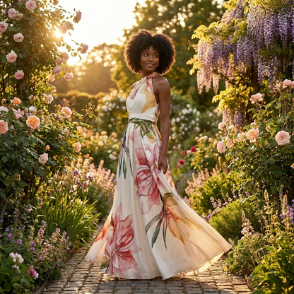Dame Maxi Kjole Med Print Halterneck Og Asymmetrisk Design
