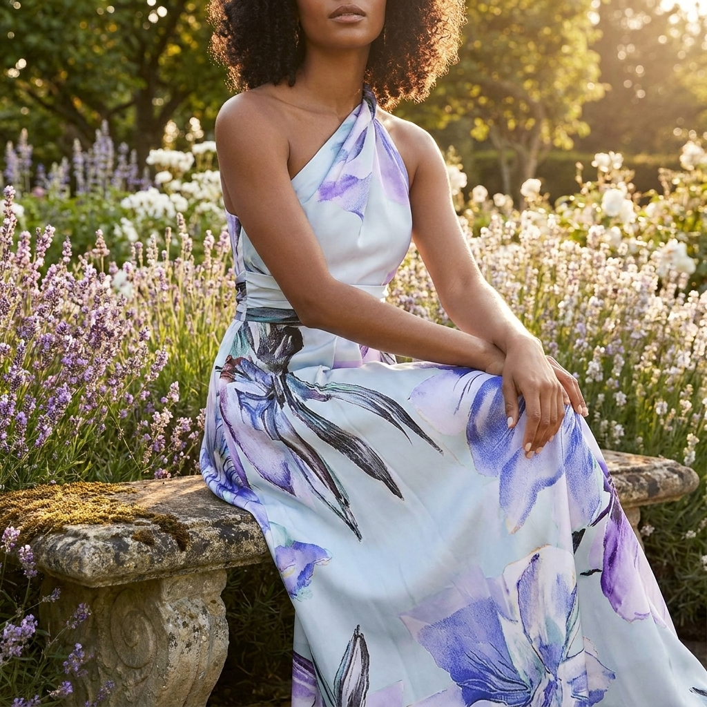 Dame Maxi Kjole Med Print Halterneck Og Asymmetrisk Design