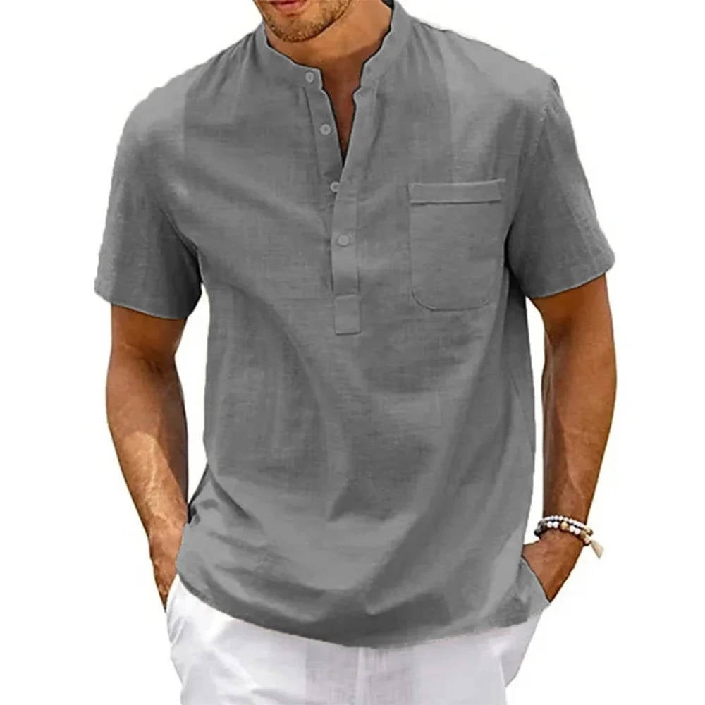 Herre Henley-skjorte Med Kortærmer, Kinakrave Og Brystlomme – Afslappet Skjorte Til Sommer, Hverdagsbrug, Ferie Og Smart Casual Stil