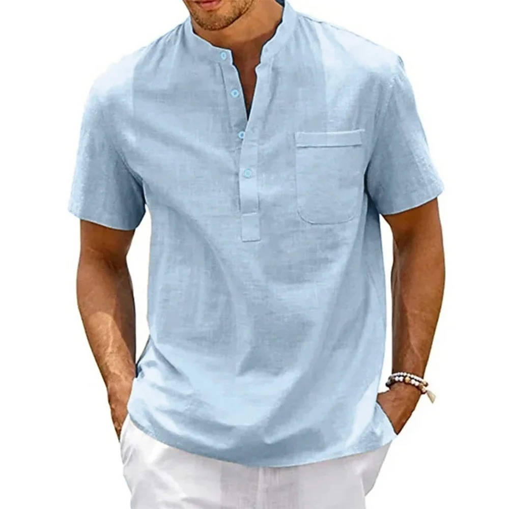 Herre Henley-skjorte Med Kortærmer, Kinakrave Og Brystlomme – Afslappet Skjorte Til Sommer, Hverdagsbrug, Ferie Og Smart Casual Stil