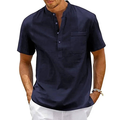 Herre Henley-skjorte Med Kortærmer, Kinakrave Og Brystlomme – Afslappet Skjorte Til Sommer, Hverdagsbrug, Ferie Og Smart Casual Stil