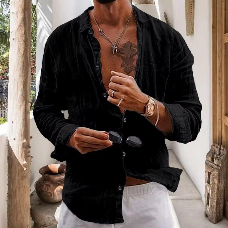 Men's Textured Shirt with Front Button Closure and Long Sleeves – Casual Shirt for Everyday Wear, Leisure, and Smart-Casual Style