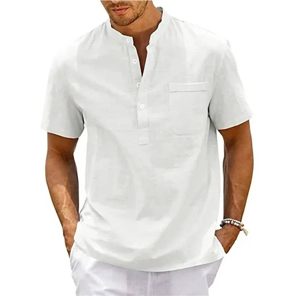 Herre Henley-skjorte Med Kortærmer, Kinakrave Og Brystlomme – Afslappet Skjorte Til Sommer, Hverdagsbrug, Ferie Og Smart Casual Stil