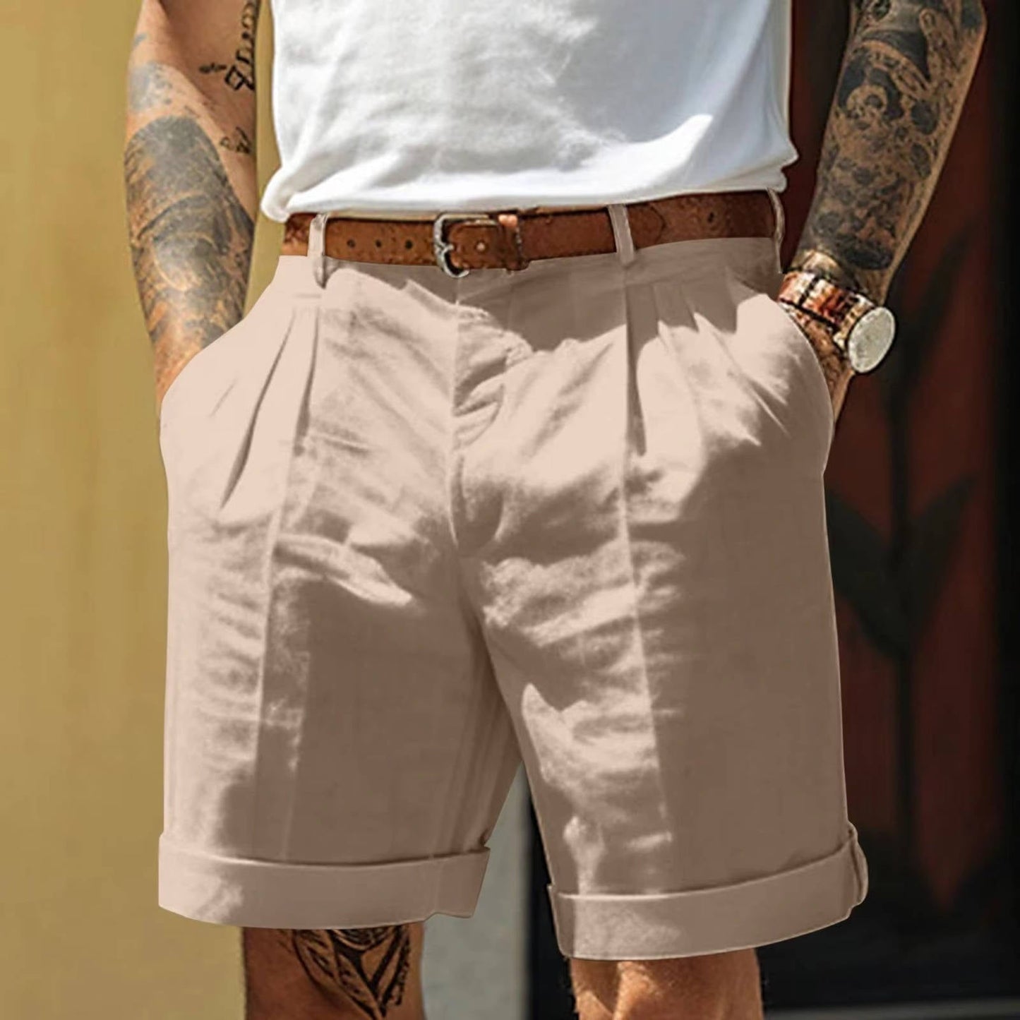 Pánské plisované letní šortky s ohrnutými nohavicemi – šortky na míru s elegantním střihem na dovolenou, volný čas i ve stylu smart casual