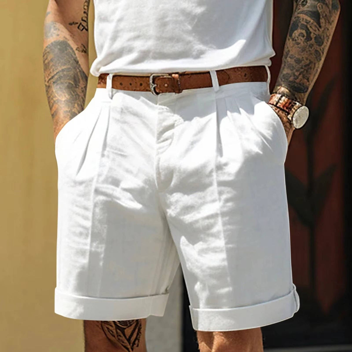 Pánské plisované letní šortky s ohrnutými nohavicemi – šortky na míru s elegantním střihem na dovolenou, volný čas i ve stylu smart casual