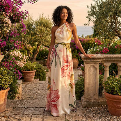 Dame Maxi Kjole Med Print Halterneck Og Asymmetrisk Design