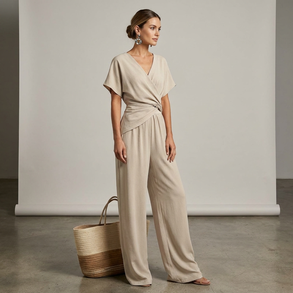 Women’s Jumpsuit with Draped V-Neckline – Relaxed Summer Design for Vacations, Everyday Wear, and Smart-Casual Style