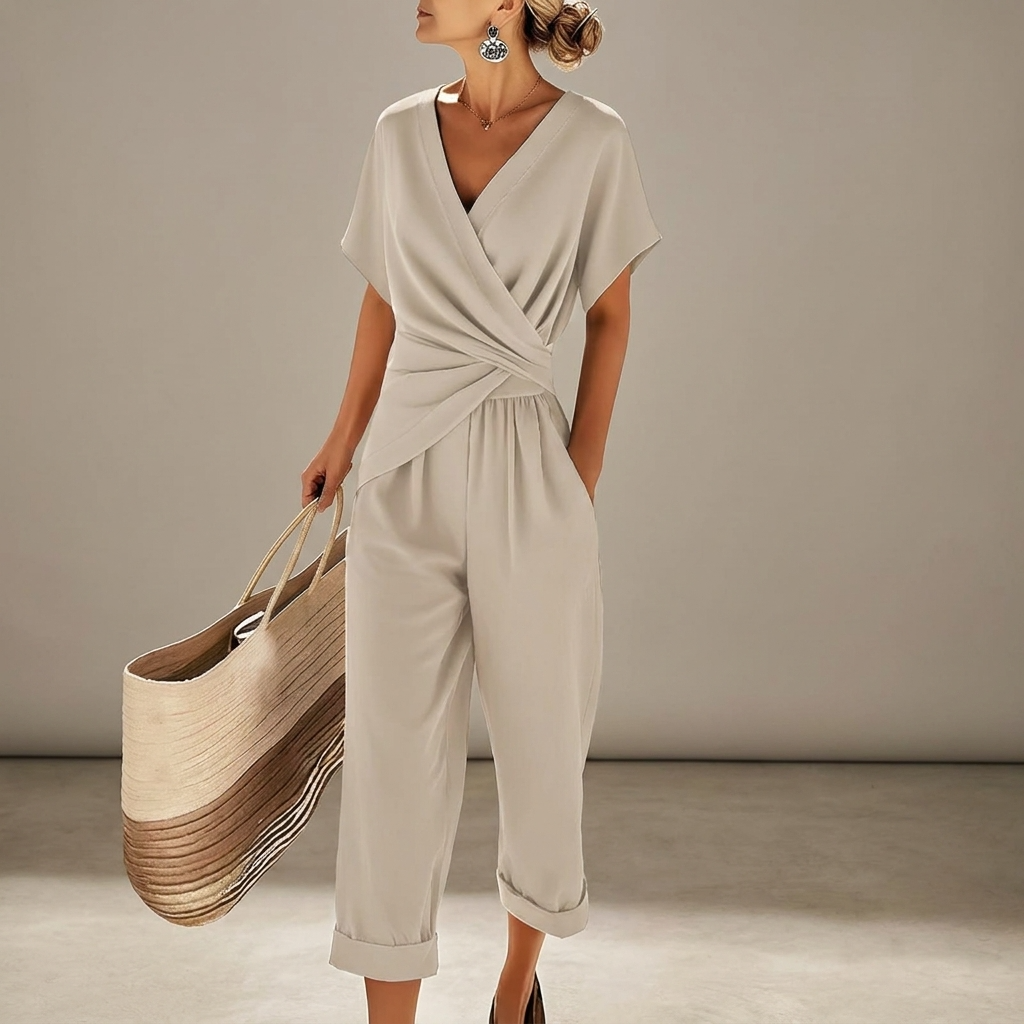 Women’s Jumpsuit with Draped V-Neckline – Relaxed Summer Design for Vacations, Everyday Wear, and Smart-Casual Style