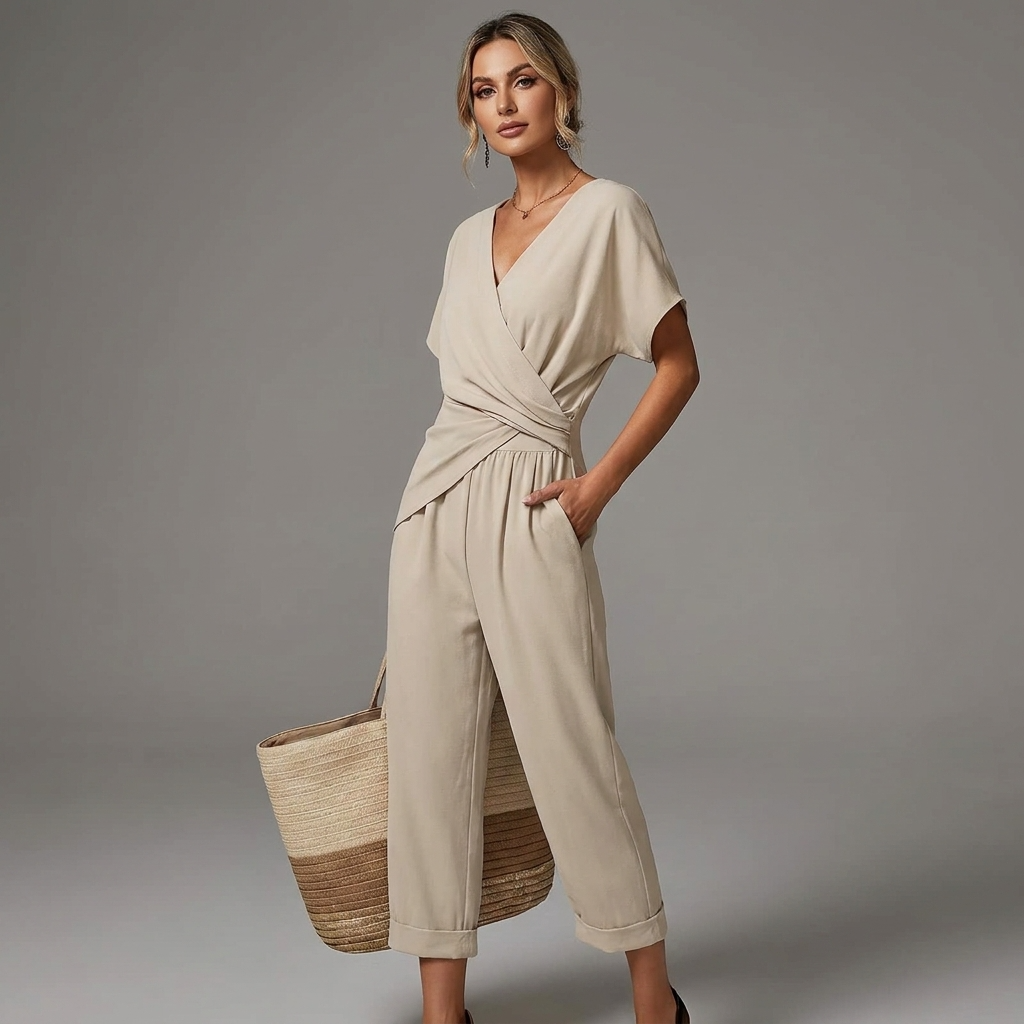 Women’s Jumpsuit with Draped V-Neckline – Relaxed Summer Design for Vacations, Everyday Wear, and Smart-Casual Style